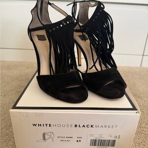 White House Black Market Black Suede Fringe Heels